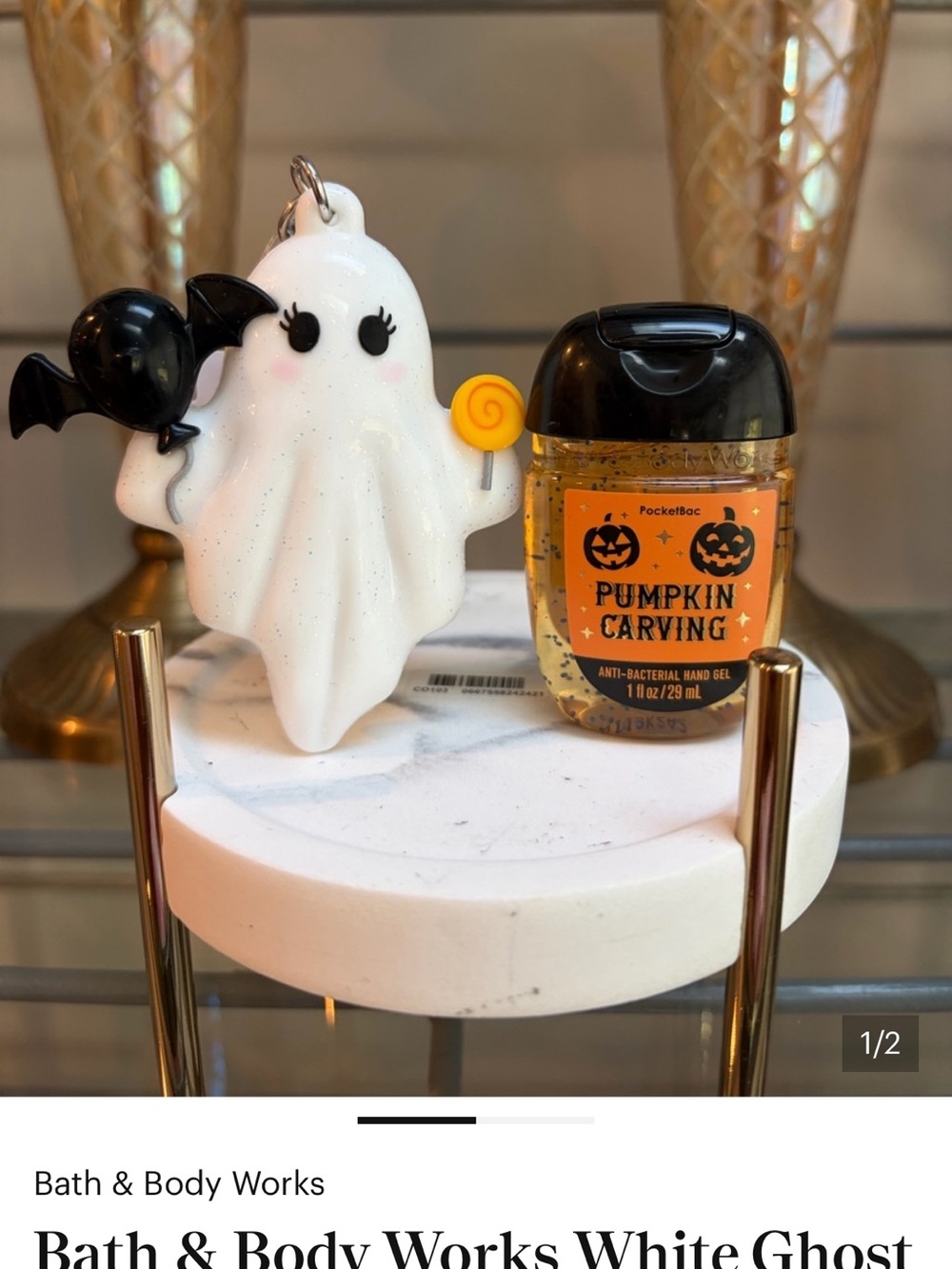 Bath & Body Works White Ghost PocketBac Holder with Pumpkin Carving Hand Gel